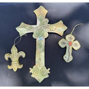 Vtg Christmas Ornaments Cross Gold Resin Hanging Religious Ornate Spanish -C2